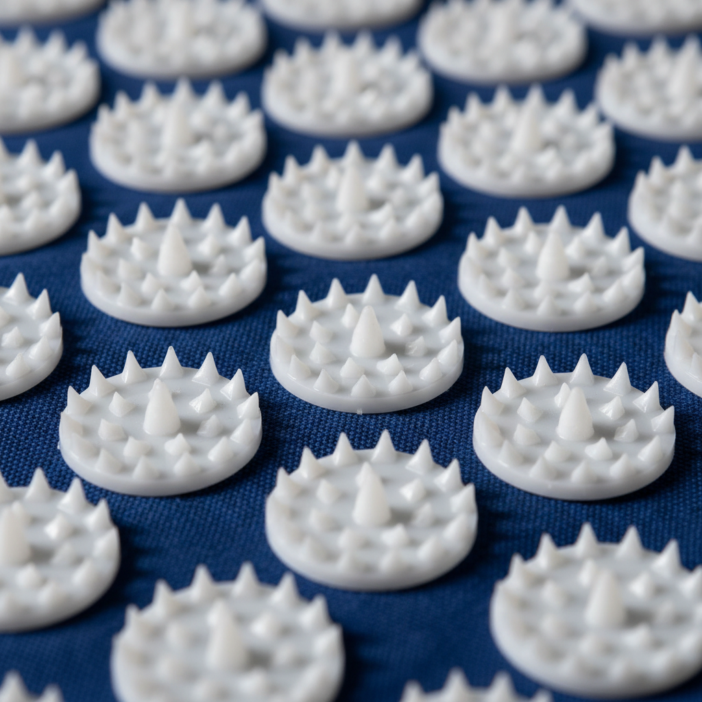 "Close-up of acupressure mat surface showing thousands of therapeutic pressure points for pain relief"