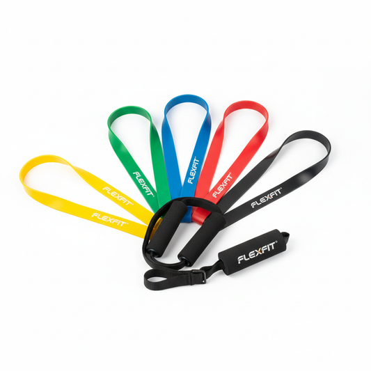 Set 5 bandas elásticas de resistencia multicolor con manijas y accesorios
