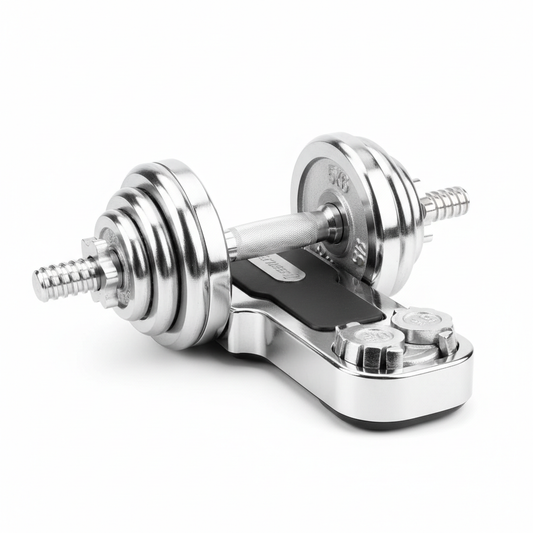 Set mancuernas ajustables cromadas con discos de peso y mangos antideslizantes