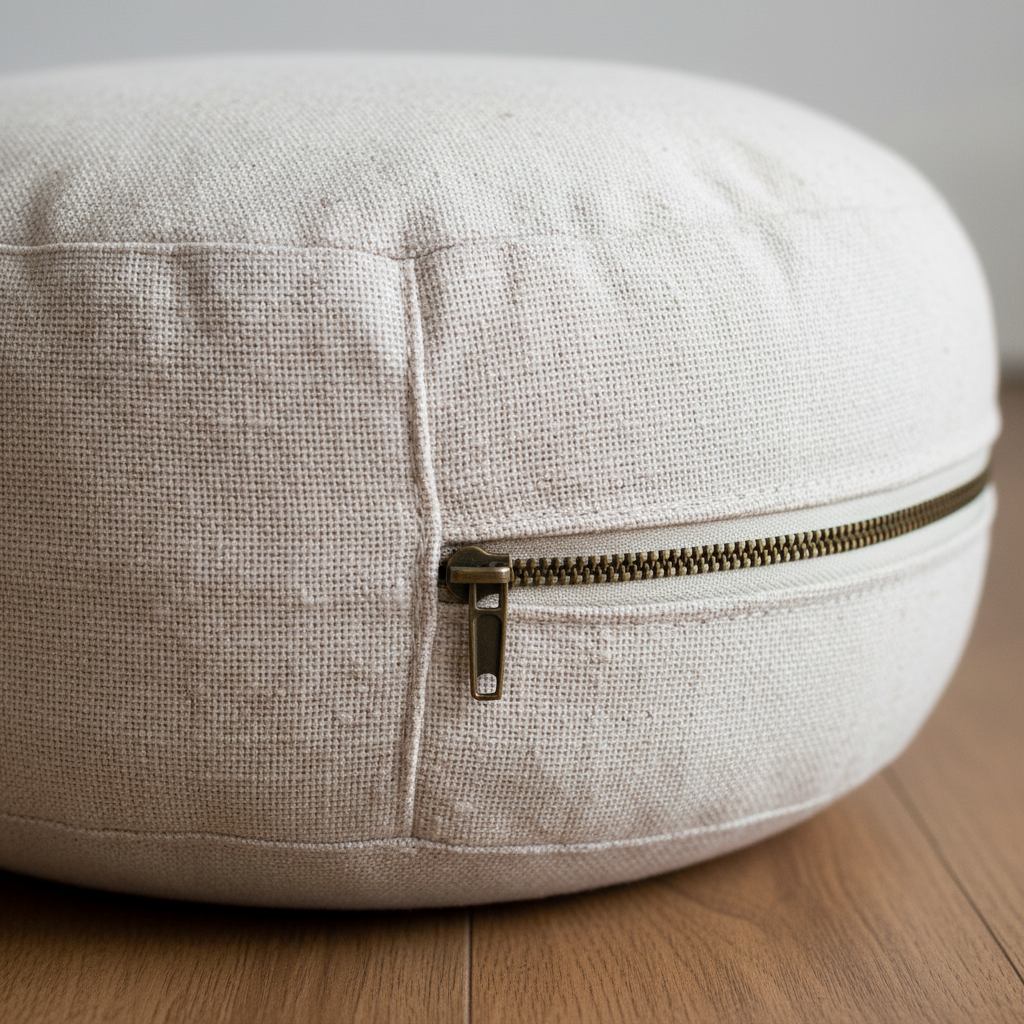 "Close-up of meditation cushion showing organic cotton fabric texture and buckwheat hull filling 