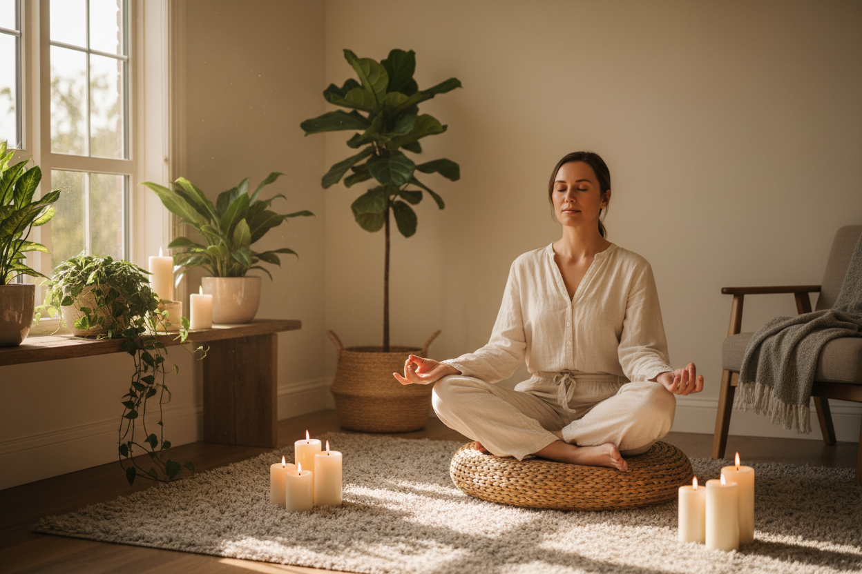 "Person sitting in lotus position on meditation cushion in peaceful home space for mindfulness practice"