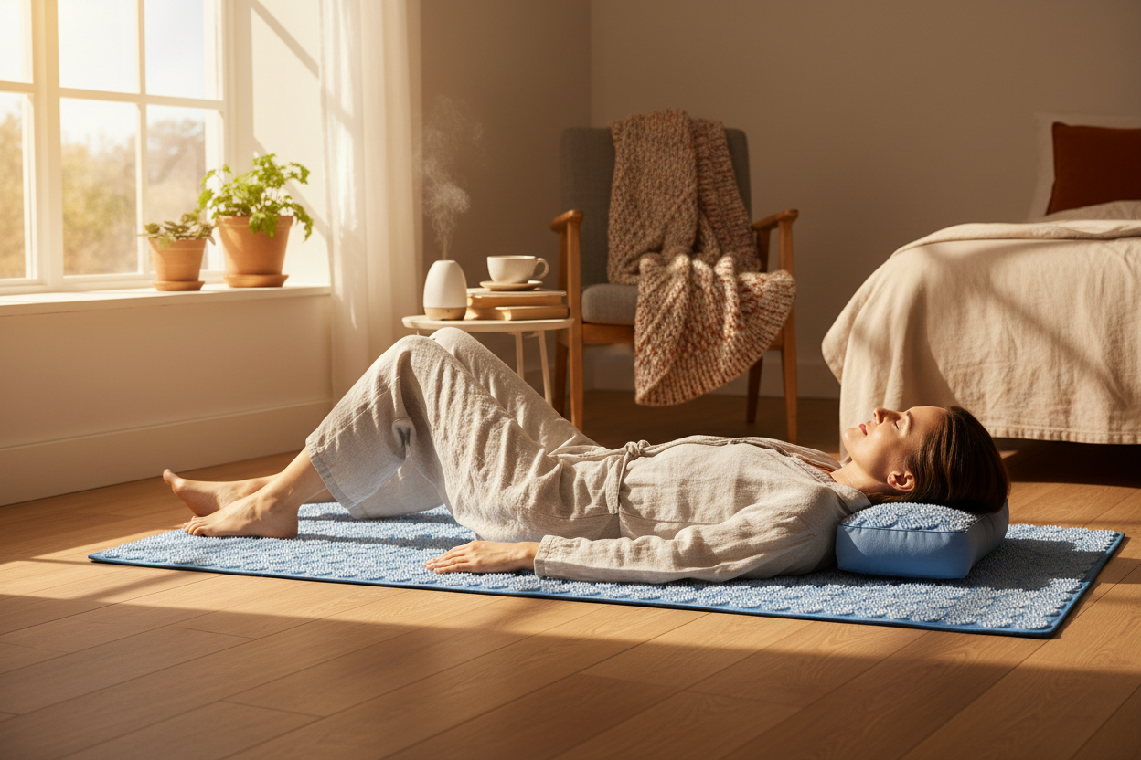 "Person lying relaxed on acupressure mat for natural pain relief, stress reduction and better sleep"